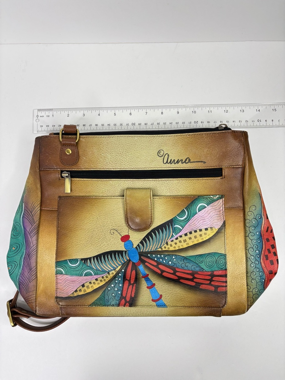 Anna Anuschka Painted Leather Dragonflies Colorful Artisan Shoulder Bag - Picture 11 of 13